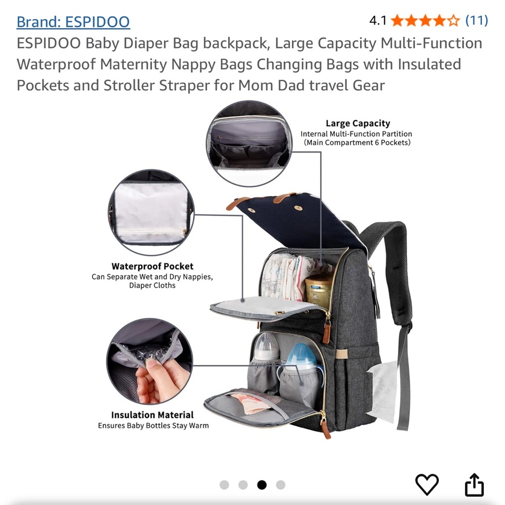 Espidoo Diaper Bag Stylish Gray Backpack with Tan Accents - Picture 5 of 10